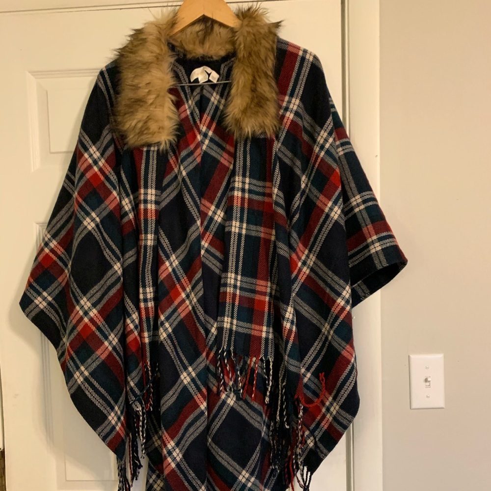 Plaid fur lined poncho/shawl/cape